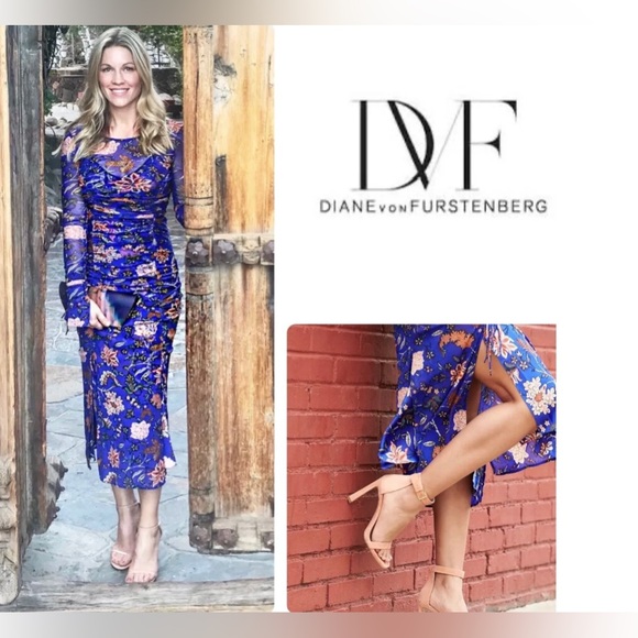 RESERVED - DIANE VON FURSTENBERG CANTON ELECTRIC BLUE FLORAL RUCHED MIDI DRESS - Picture 13 of 13